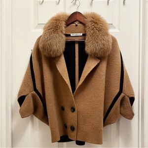 Sabrina Diamanti Camel Knit Cape Fur Collar Batwing Size L